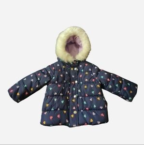Carter’s Girls Hooded Puffer Jacket Faux Fur Trim Navy Blue Rainbow Hearts 18mos